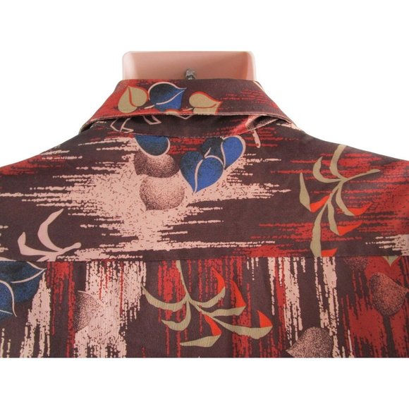 Vintage 70s Joel Cal Made Polyester Disco Shirt Wood Foliage Pattern Mens Lg GUC - Picture 12 of 16